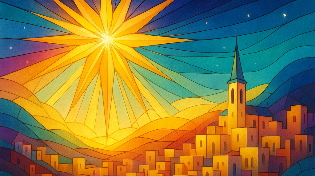 Abstrakte Darstellung von Bethlehem unter einem leuchtenden Stern, in warmen Gelb- und Blautönen, inspiriert vom Motiv des Oratoriums „Die Geburt Jesu“ von Carl Stein.