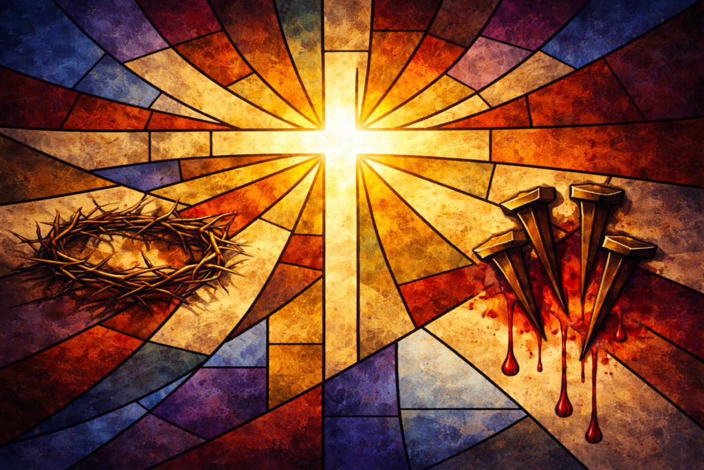 Abstrakte Darstellung der Johannespassion: leuchtendes Kreuz, Dornenkrone und Nägel in einer stilisierten, kirchlichen Glasfenster-Optik